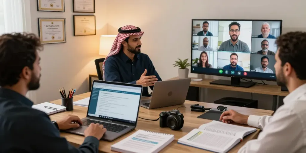 NVQ Level 6 in Saudi Arabia online training session with participants engaging in health and safety practices.