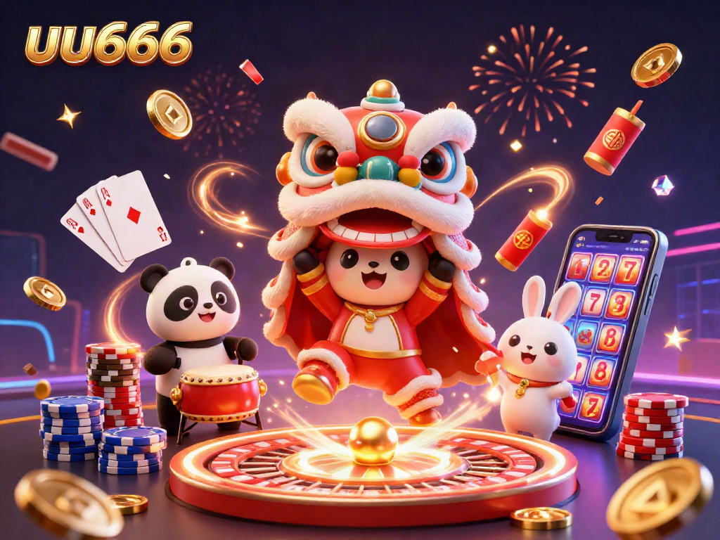 Experience the excitement of uu666 with a dynamic casino-themed 3D illustration featuring a lion dance and vibrant gaming elements.