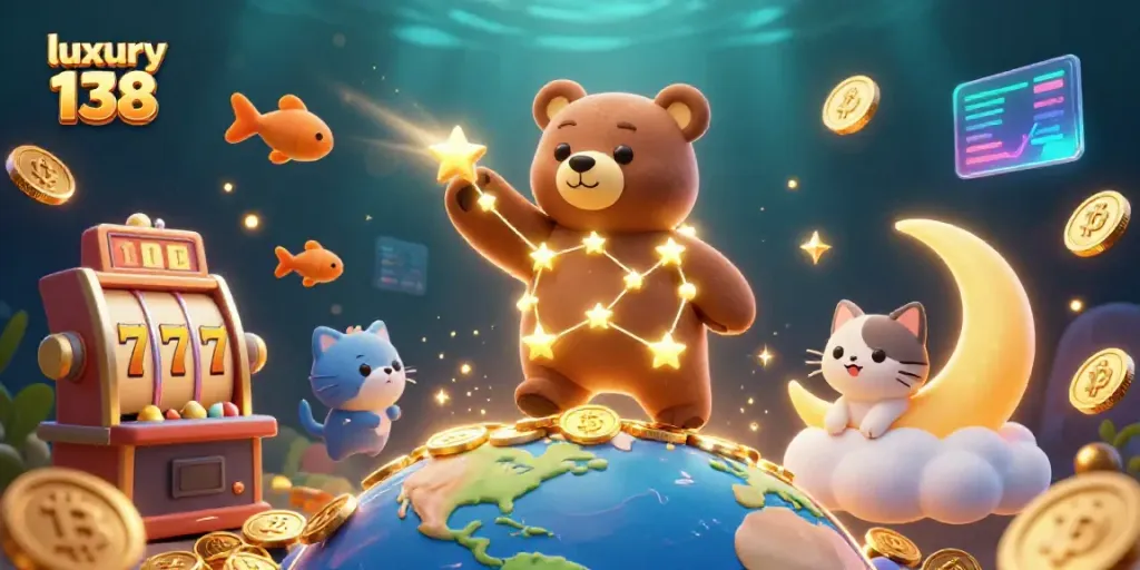 Experience the thrill of luxury 138 as a constellation bear plays amidst sparkling jackpot reels and glowing cryptocurrency coins.