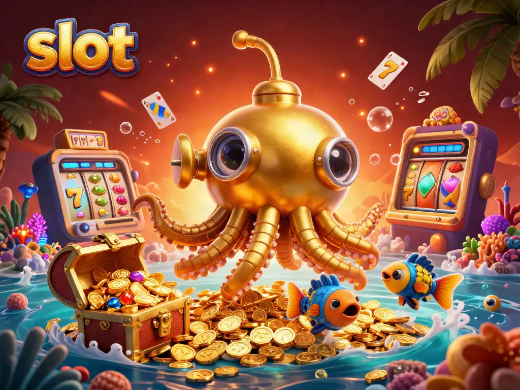 Experience thrilling slot adventures with a golden kraken submarine and explosive treasures in a casino sea.
