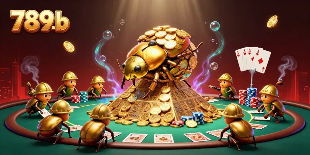 Engage with thrilling casino action featuring 789b as a golden beetle rolls golden coins.