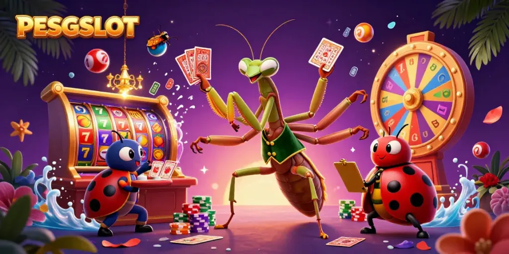 PESGSLOT showcases a thrilling 3D scene of a giant mantis card sharp and ladybug pit boss amid vibrant casino elements.