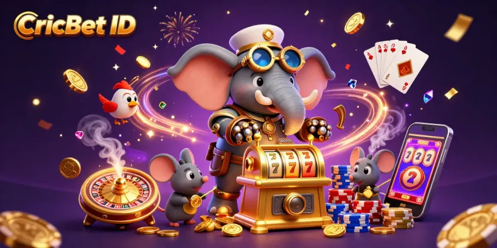 Crisp and festive illustration of a 3D steampunk elephant engineer operating a golden slot machine, representing CricBet ID excitement.