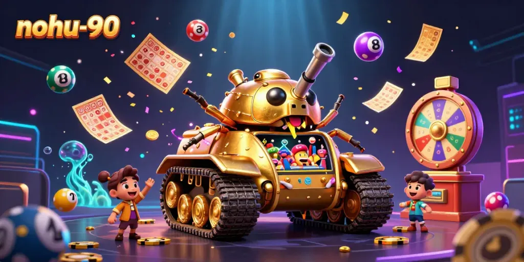 Experience the vibrant excitement at nohu-90 with a dynamic scene of a golden beetle tank filled with a mini casino.