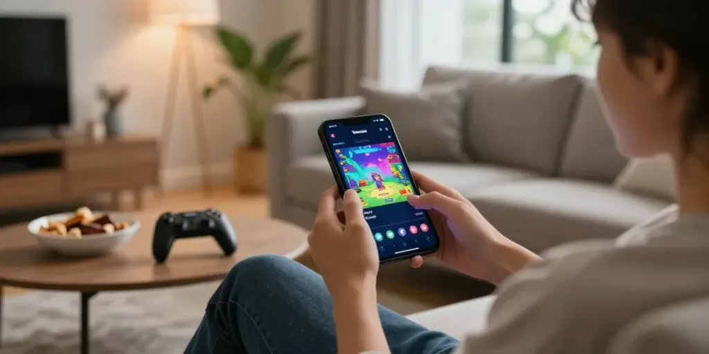 A user engaging with the Yono Arcade mobile app in a cozy living room setting, showcasing vibrant game graphics and a relaxed atmosphere.