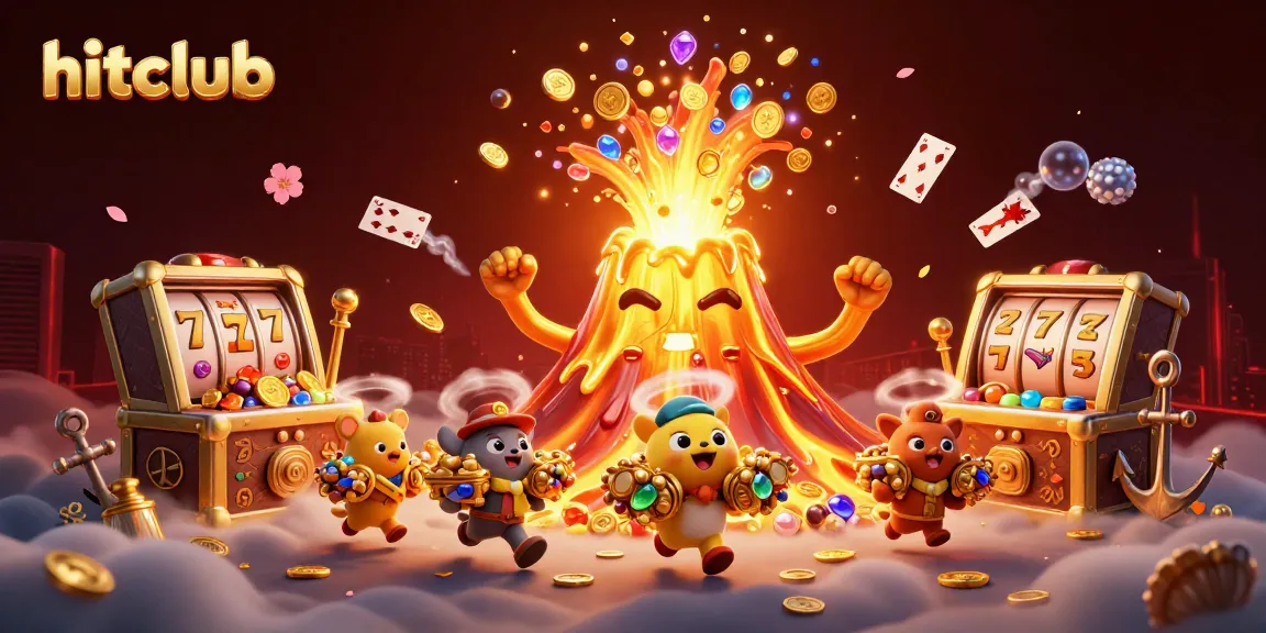 A thrilling hitclub experience with a golden volcano erupting treasures while slot machines spin in a vibrant 3D scene.