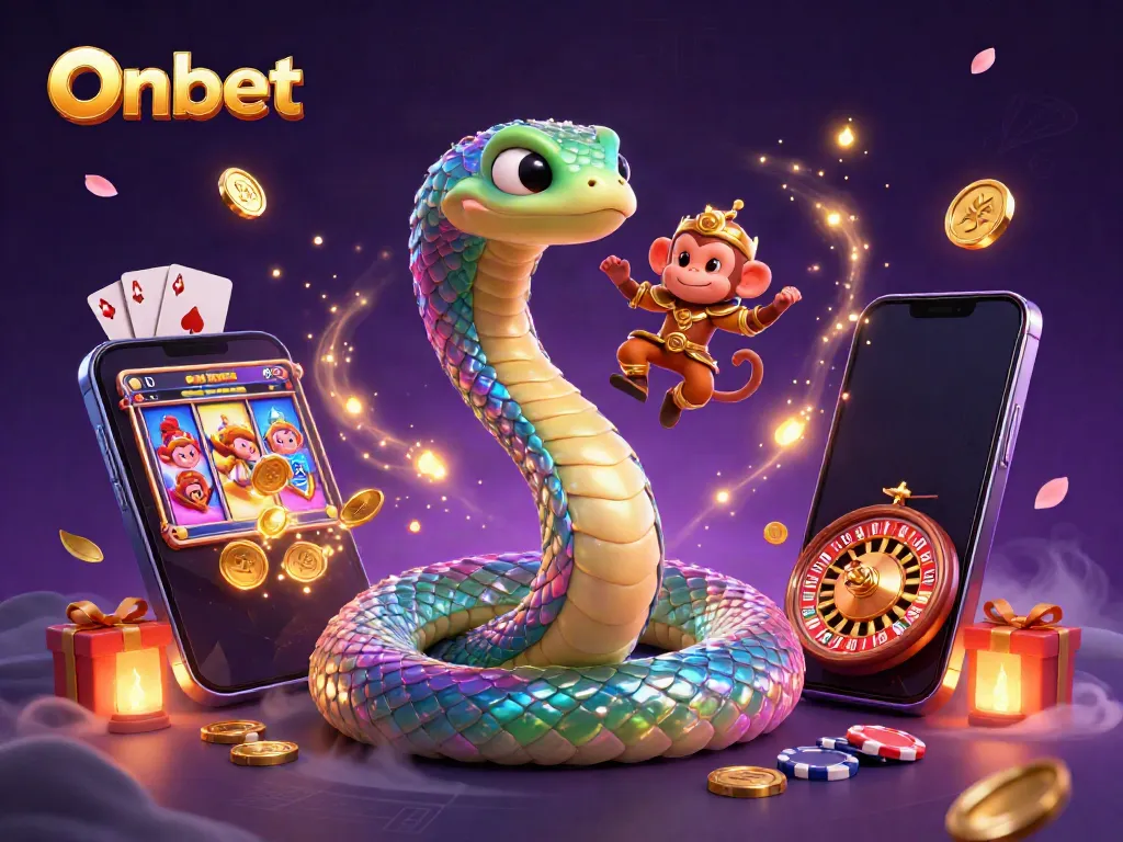 Onbet presents a vibrant 3D scene of a rainbow serpent and monkey king amid a dynamic casino backdrop, featuring colorful slot games.