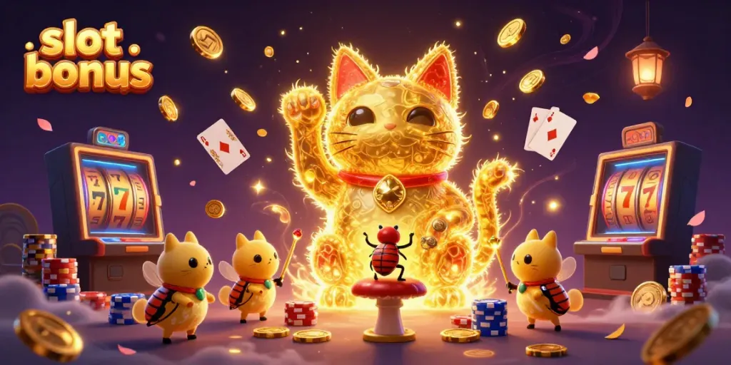 Experience the excitement of slot bonus opportunities with a dynamic golden lucky cat and casino symbols.
