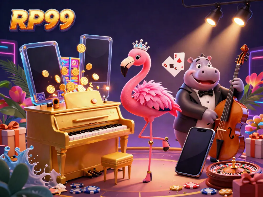 Experience the vibrant casino atmosphere with RP99's colorful slot game and lively characters.