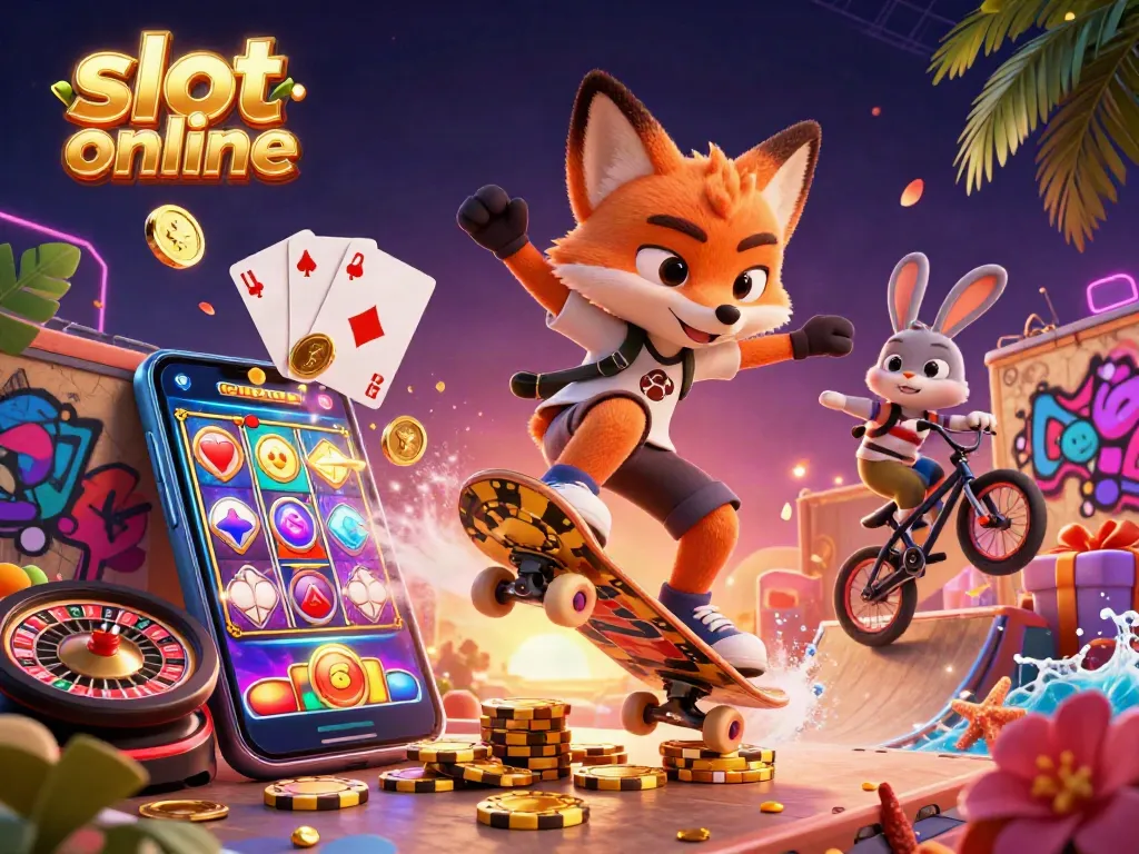 Spin vibrant slot online reels while a fox and rabbit perform tricks over poker chips.