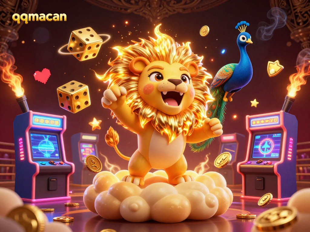 Experience thrilling gameplay with qqmacan as blazing golden dice and a roaring lion light up the scene.