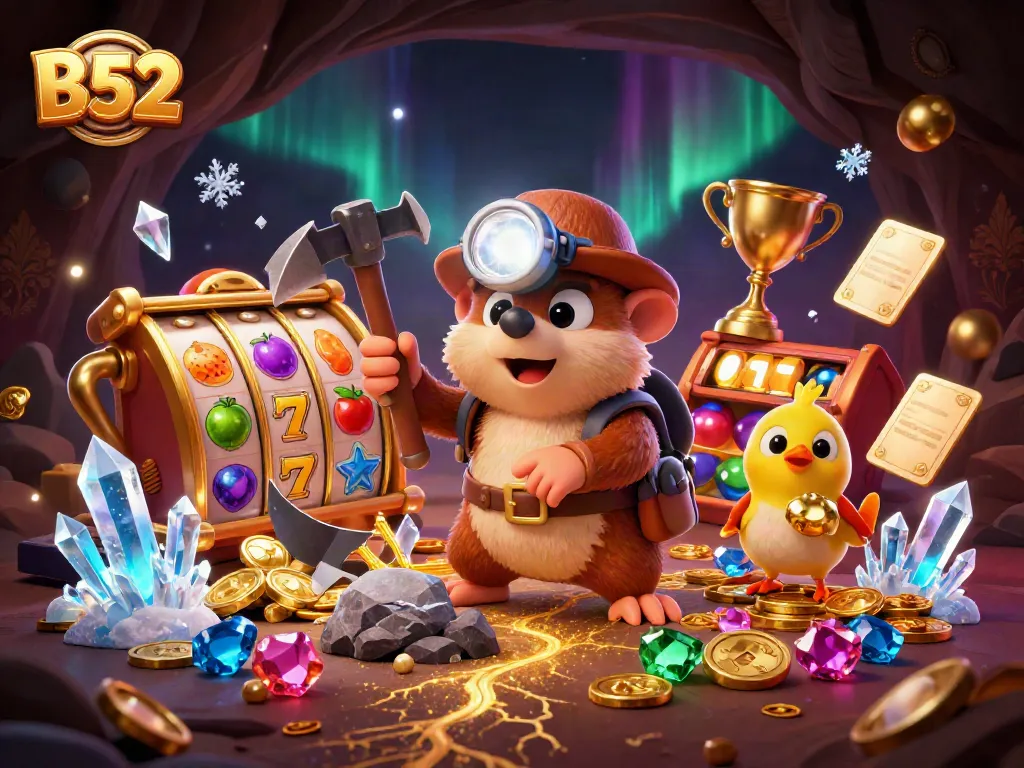 B52 brings excitement with a lively treasure-hunting scene filled with slot reels and golden gems.