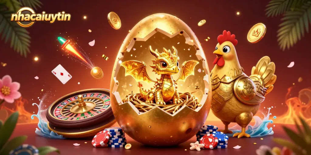 Experience excitement with nhacaiuytin as a golden dragon nests among poker chips amidst vibrant casino elements.