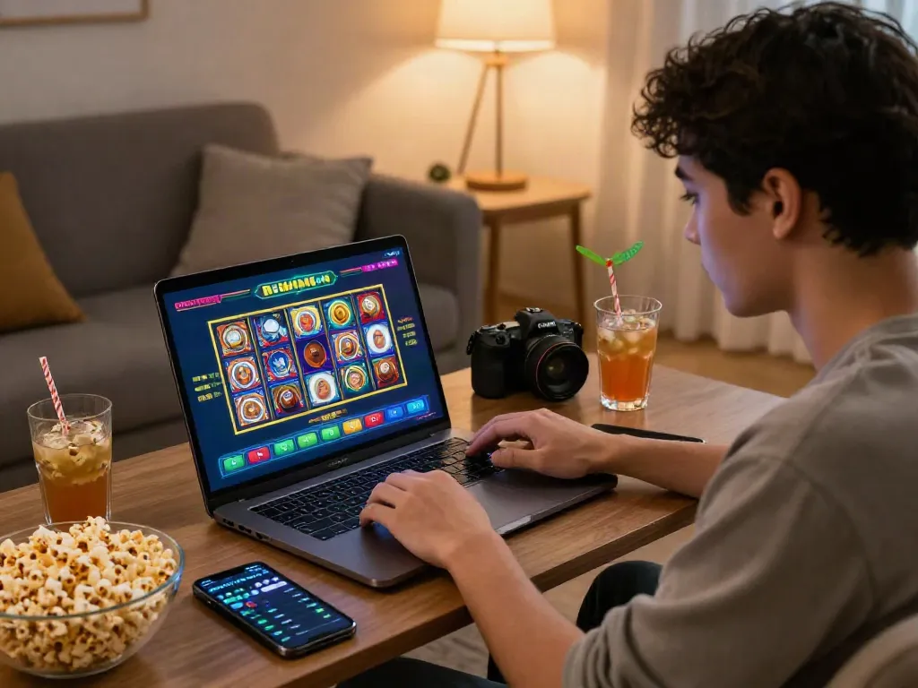 Player engaging with an exciting slot gaming session on a laptop at home, showcasing a vibrant gaming interface.