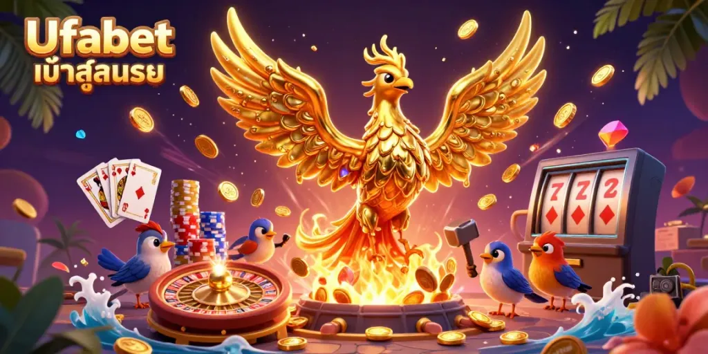 Experience seamless gaming with Ufabet เข้าสู่ระบบ, showcasing a molten phoenix and vibrant casino elements.