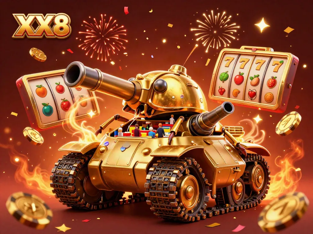 Experience the XX8 adventure with a vibrant 3D scene featuring a golden tank casino bursting with jackpots and confetti.