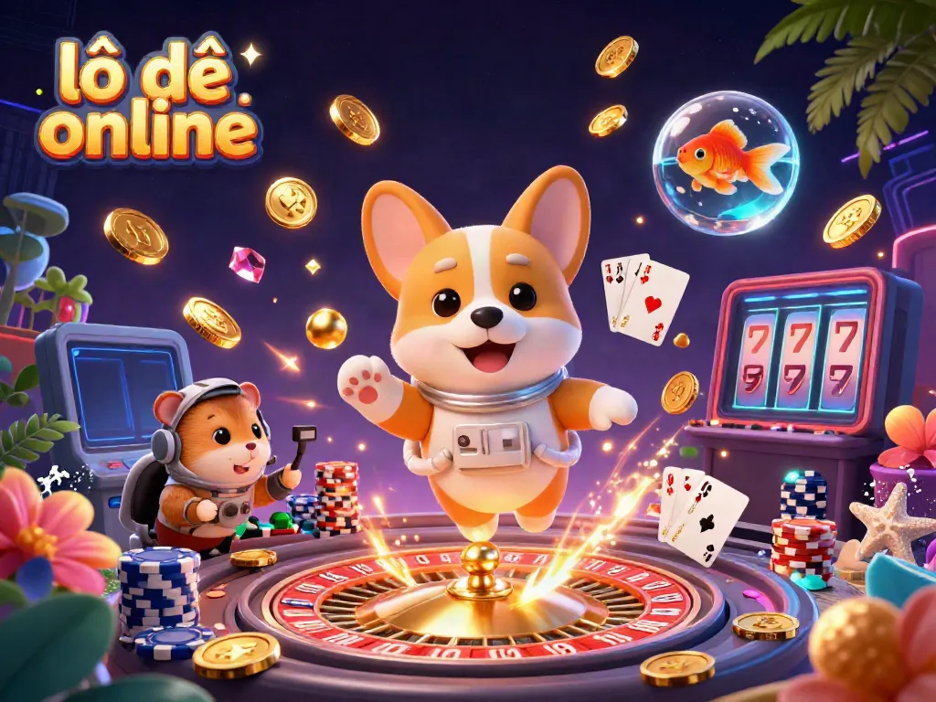 Engage with lô đề online through a dynamic scene featuring a 3D astronaut corgi amidst cascading jackpots and enchanting casino elements.