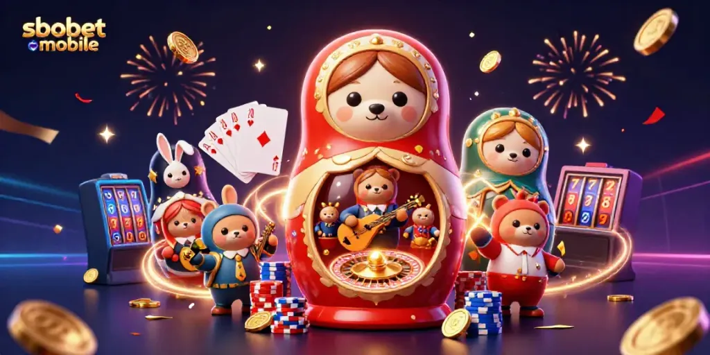 Experience the excitement of sbobet mobile with vibrant poker chips and cascading coins in a festive 3D scene.