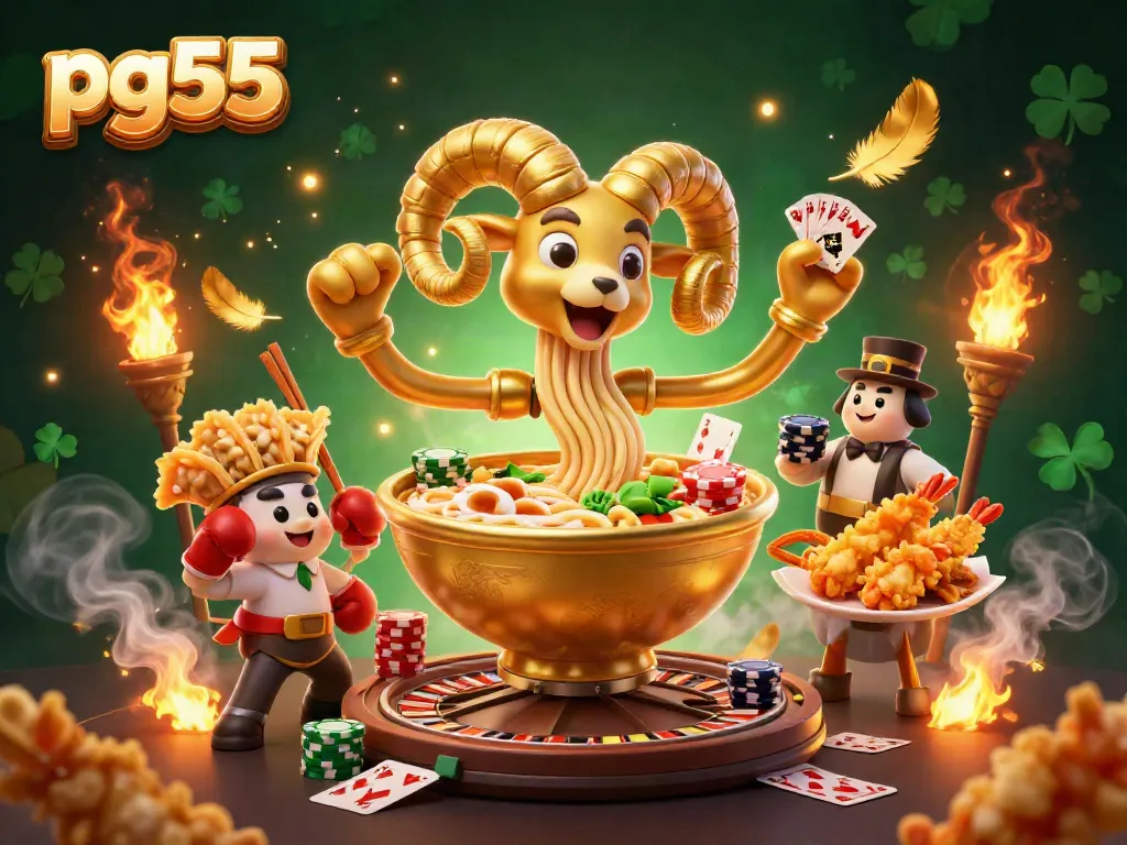 Engage with exciting pg55 gameplay at a dynamic casino scene featuring vibrant characters.