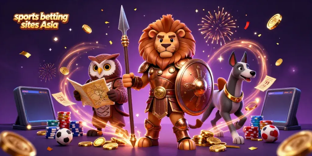 Experience thrilling sports betting sites Asia with dynamic scenes featuring skilled characters and vibrant betting elements.