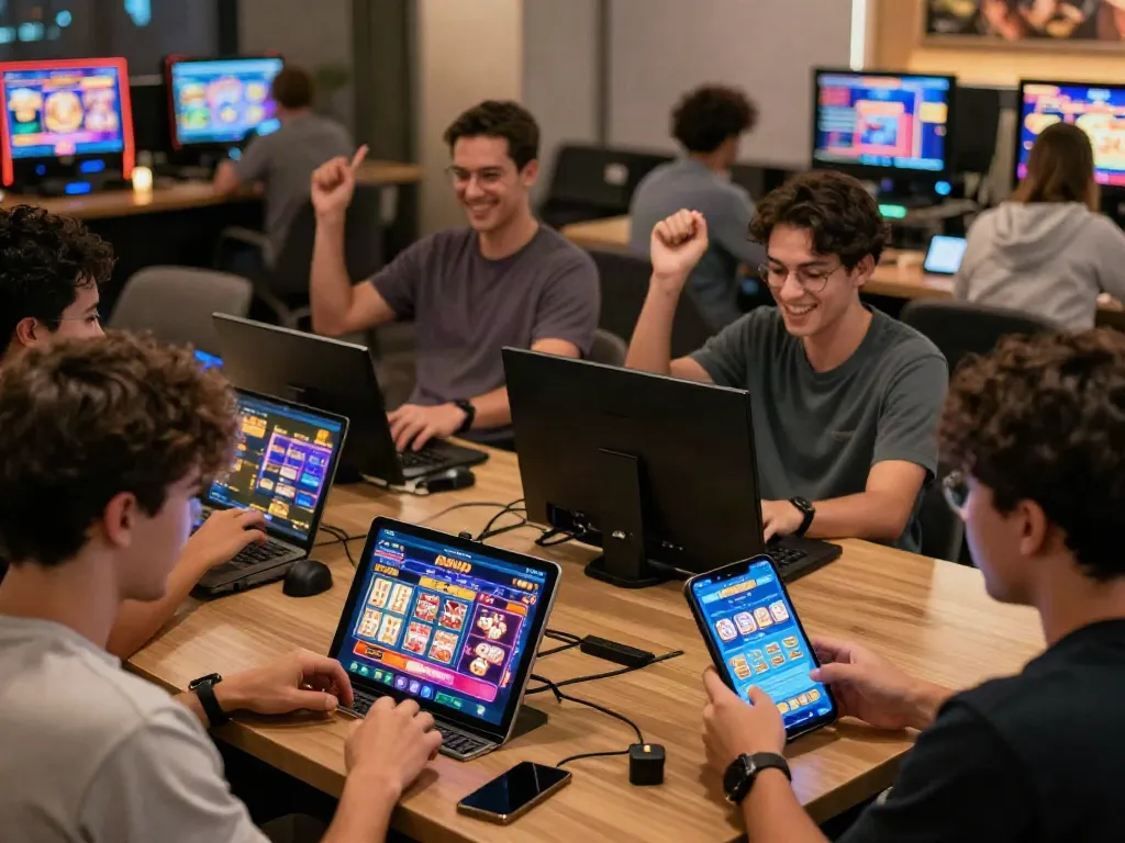 Engaged users experiencing AHHA4D online gaming platform with mobile devices.