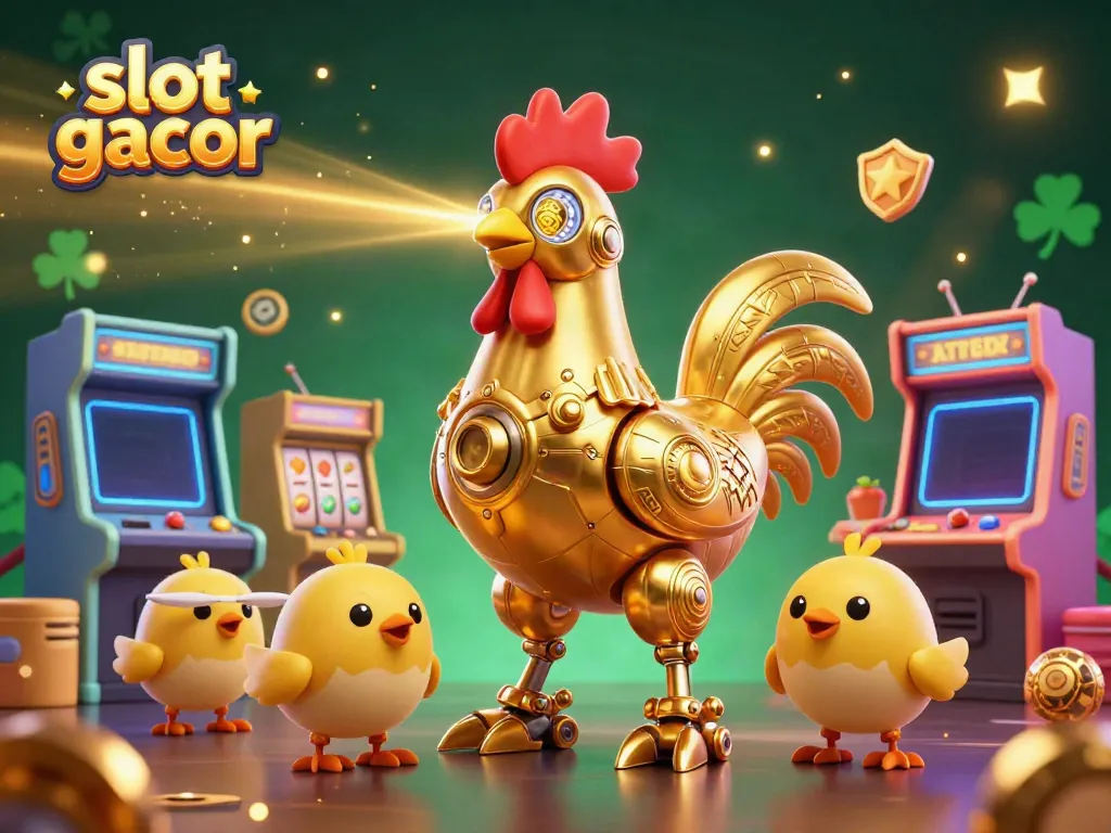 Experience the thrilling world of slot gacor with a golden rooster robot in a vibrant casino scene.