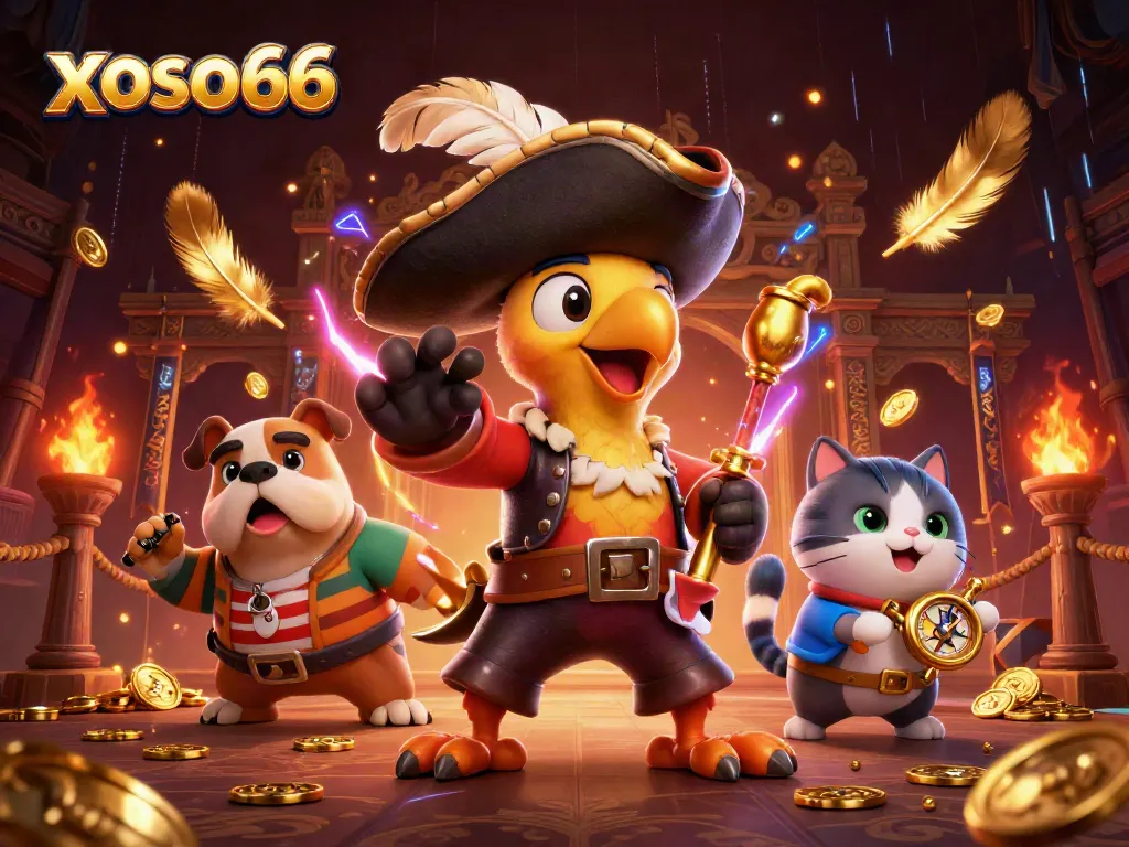 Engage with xoso66 through a colorful 3D casino illustration featuring a pirate captain, bulldog, and cat.