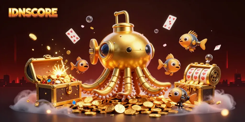 IDNSCORE showcases a vibrant 3D scene of a golden kraken submarine amidst golden coins, promoting online casino excitement.