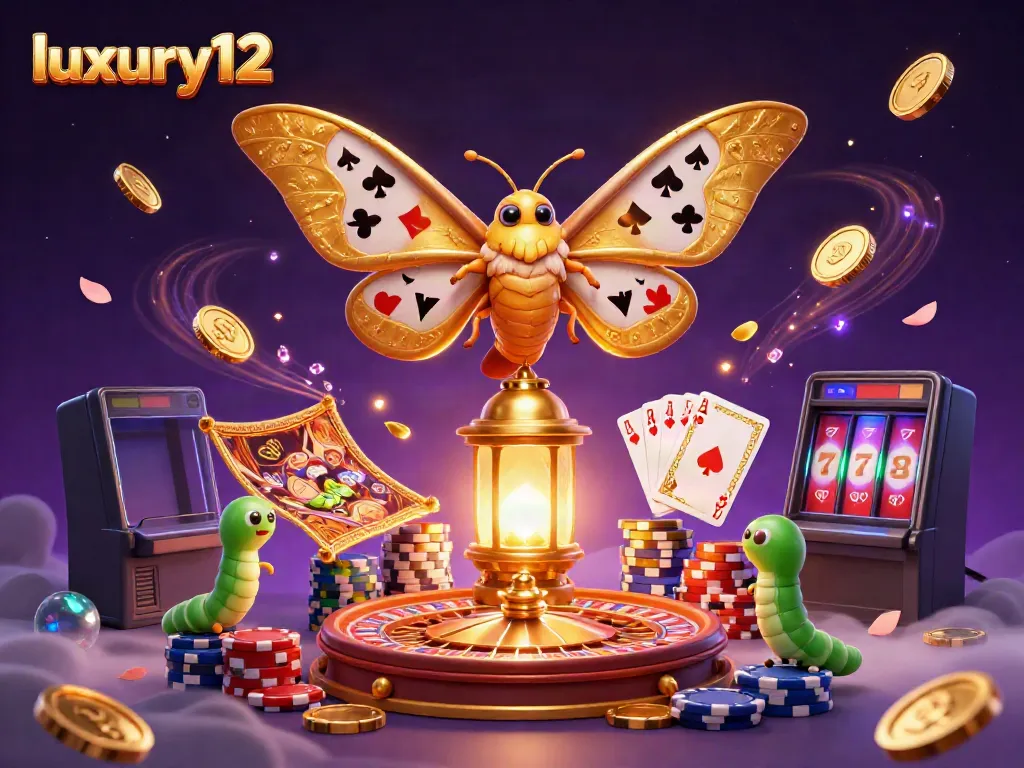Experience the excitement of luxury12 slots with golden gaming elements and a majestic moth in a lively casino scene.