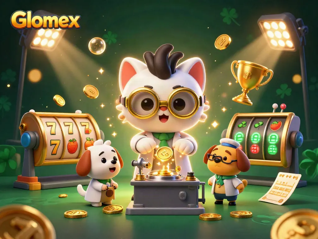 Glomex showcases a vibrant 3D casino scene with a mad scientist cat and lab dog creating winning strategies.