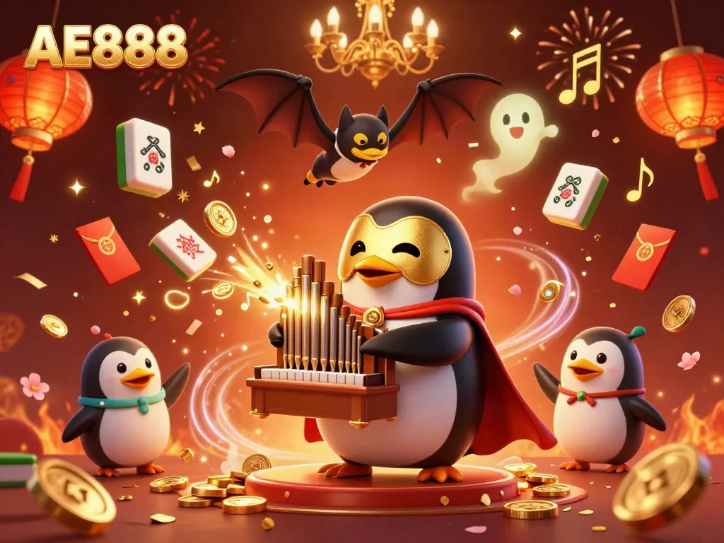Enjoy exciting gameplay with AE888 as a penguin plays organ while coins rain down.