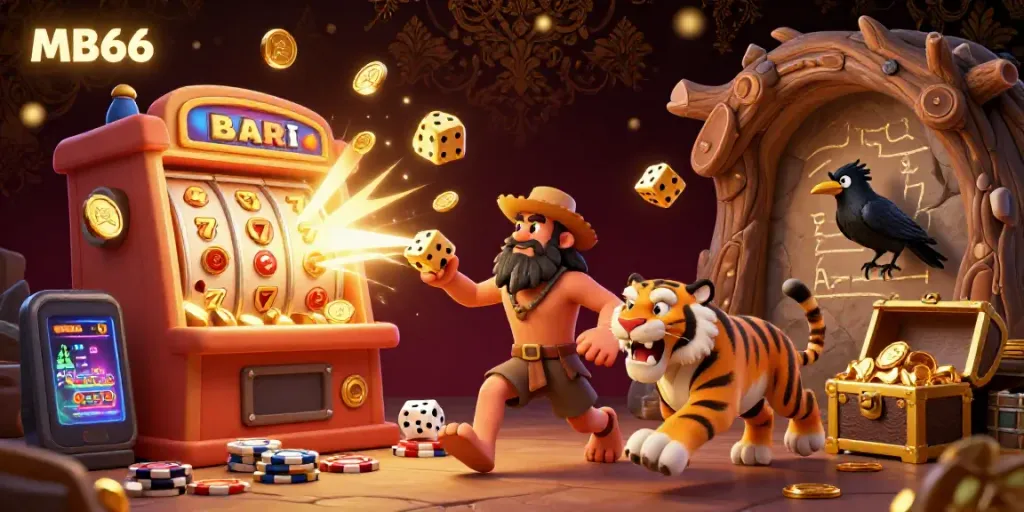 Experience the thrill of MB66 with a dynamic prehistoric casino scene bursting with jackpots and adventure.