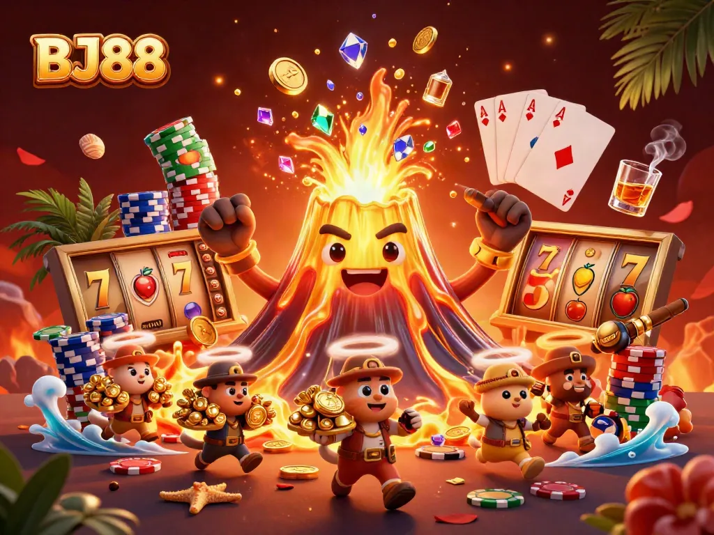 BJ88 showcases a lively casino scene with a triumphant volcano and treasure-seeking animals amid gem-filled action.