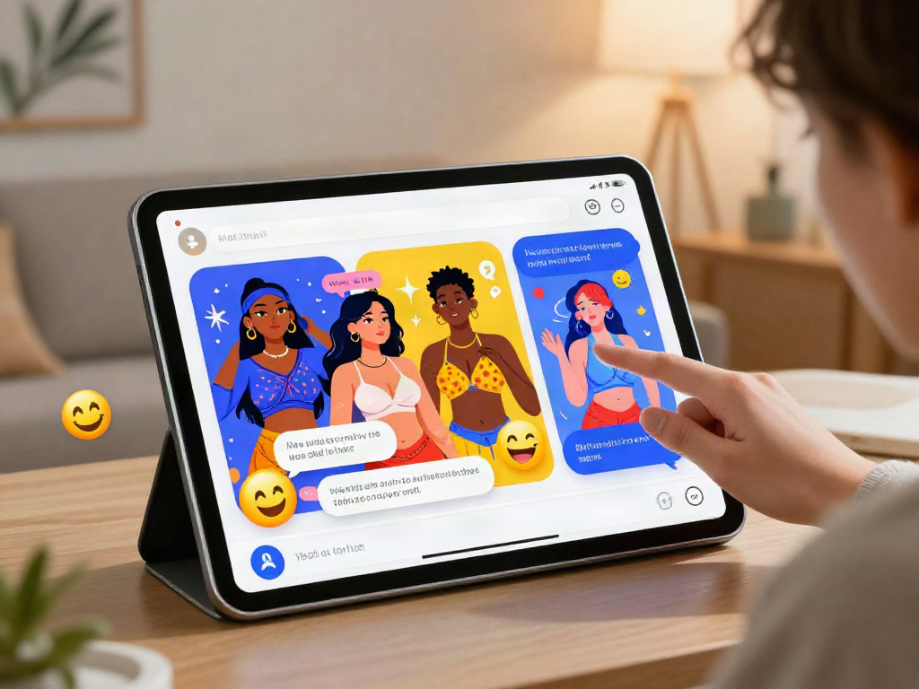 User exploring hentai ai chat on a tablet, surrounded by vibrant character illustrations.