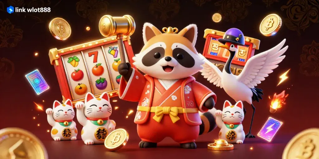 Genggam peluang jackpot dengan link wslot888 dalam ilustrasi 3D yang menampilkan kucing keberuntungan.