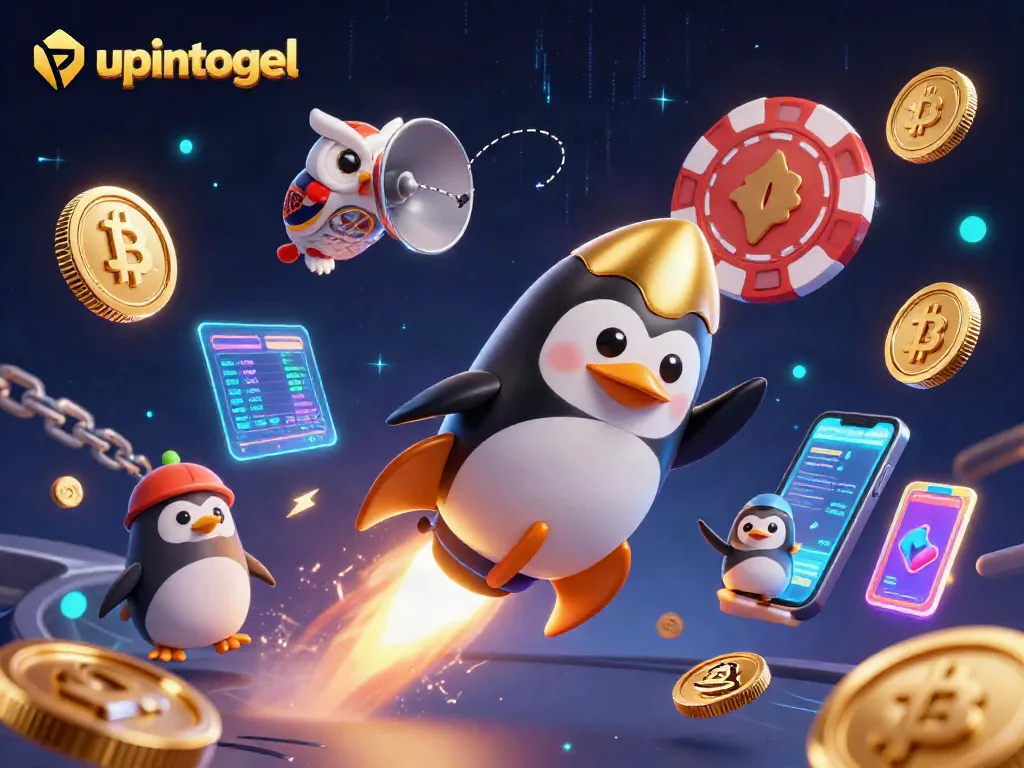 Menangkan peluang dengan upintogel di kasino virtual dengan penguin emas dan koin digital bersinar.