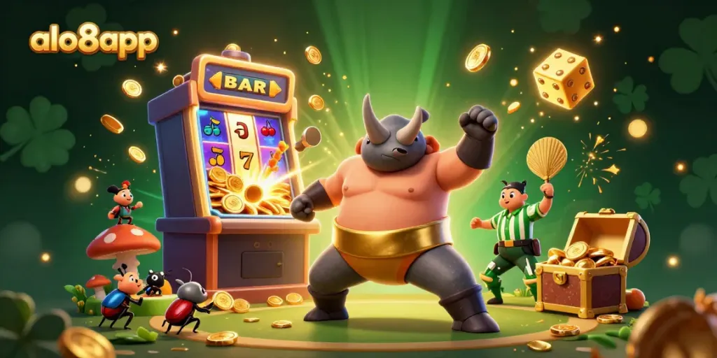 Witness the excitement of alo8app as golden coins fly with the sumo beetle champion amidst vibrant casino symbols.