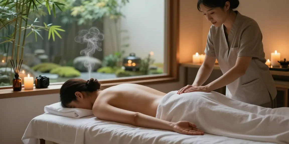 양천구출장안마 massage therapy scene with a client receiving a soothing treatment in a serene room.