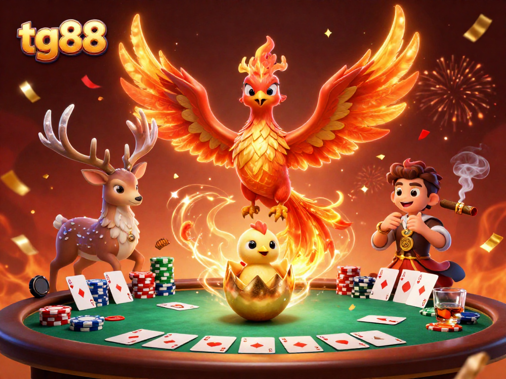 Experience thrilling gameplay with tg88, featuring vibrant phoenixes and dynamic poker elements.