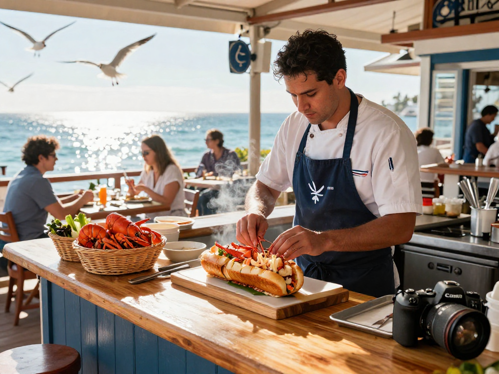 Delicious lobster rolls and fresh seafood in a vibrant coastal setting, perfect for slot gacor enthusiasts enjoying seaside dining.