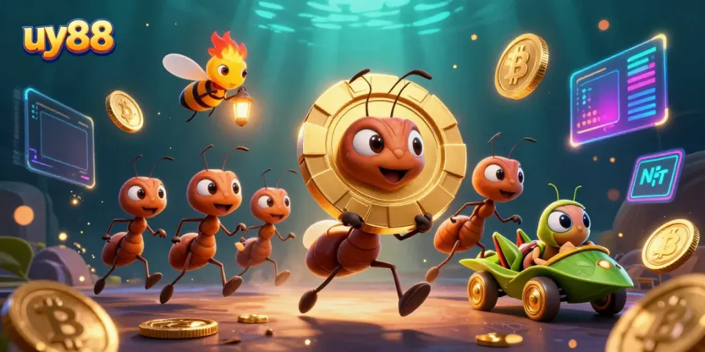 Catch excitement at uy88 with ants heisting a giant poker chip amidst crypto elements in a vibrant scene.