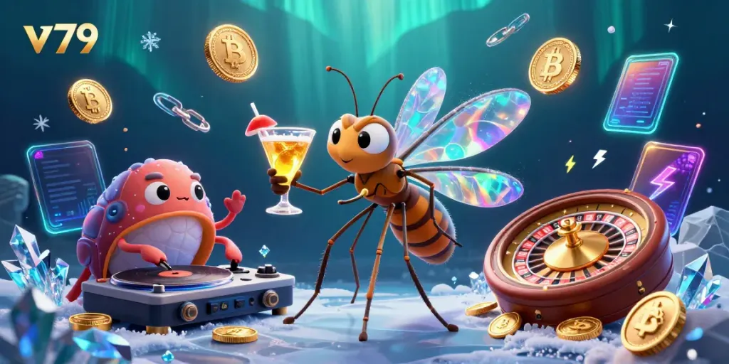 Experience vibrant gaming with v 79 as a unique frozen mosquito mascot and dynamic casino elements.