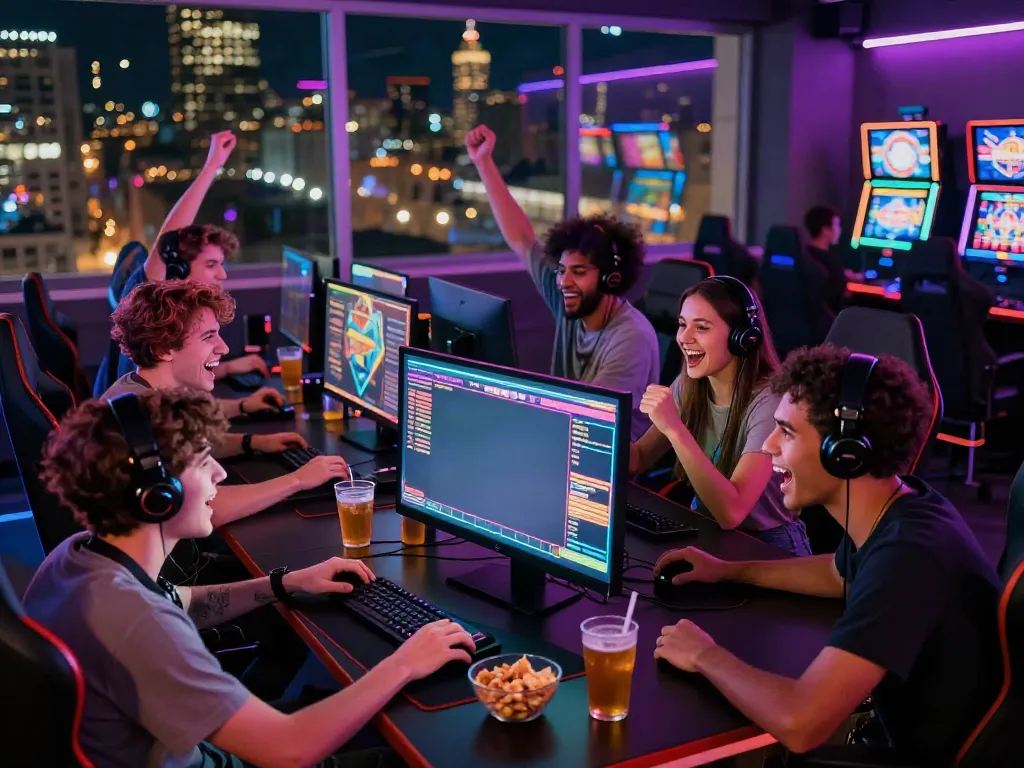A group of friends enjoying akunjp slot games in a lively gaming arena.