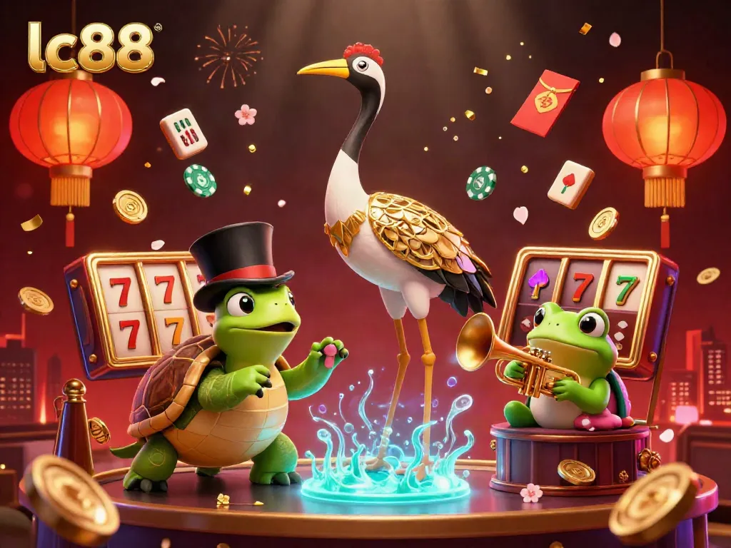 Engage with lc88 slots in a vibrant scene featuring cartoon characters and dynamic casino elements.