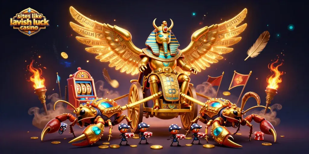 Play exciting games like Lavish Luck Casino with gold coins and scorpions in a vibrant scene.