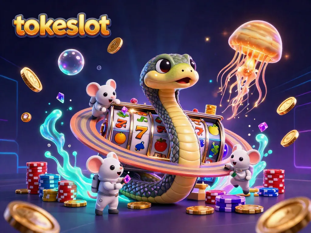 Play thrilling slots with Tokslot's dynamic scene showcasing a cosmic dealer and vivid elements.