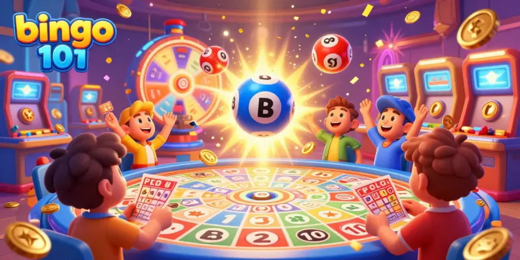Mengambil bagian dalam permainan bingo di Bingo 101 dengan kartu yang menyenangkan dan bola berwarna-warni.
