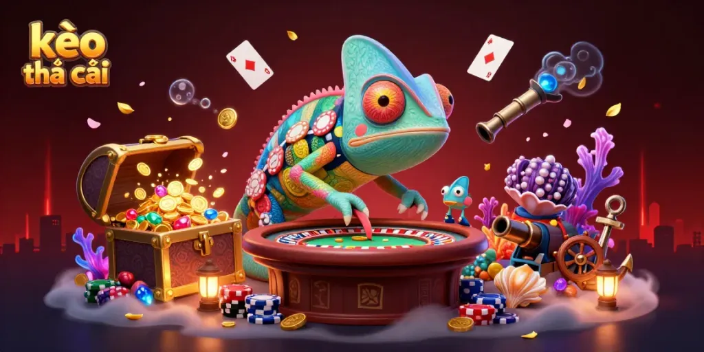 Engage with kèo nhà cái in this vibrant casino scene featuring a charming chameleon owner.