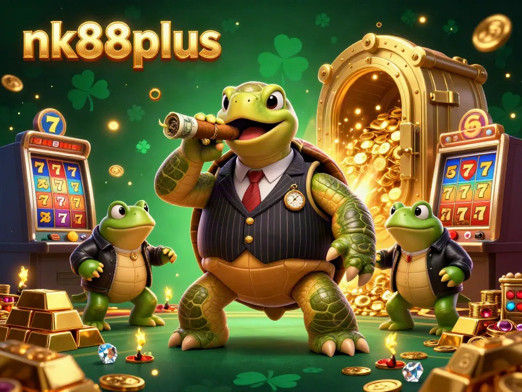 Feel the excitement with nk88plus as the turtle and bullfrogs embrace casino life in this vivid 3D illustration.