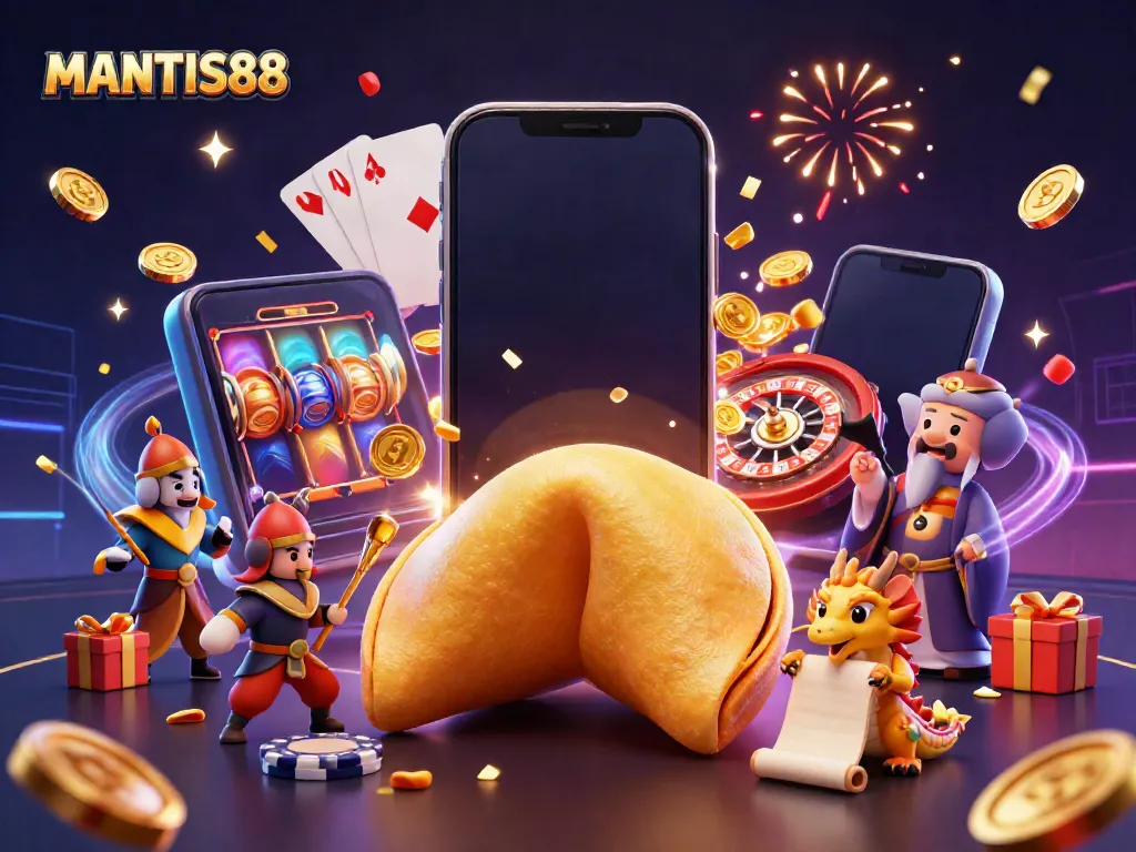 MANTIS88 unleashing excitement with a golden fortune cookie, dragon, and gaming elements.
